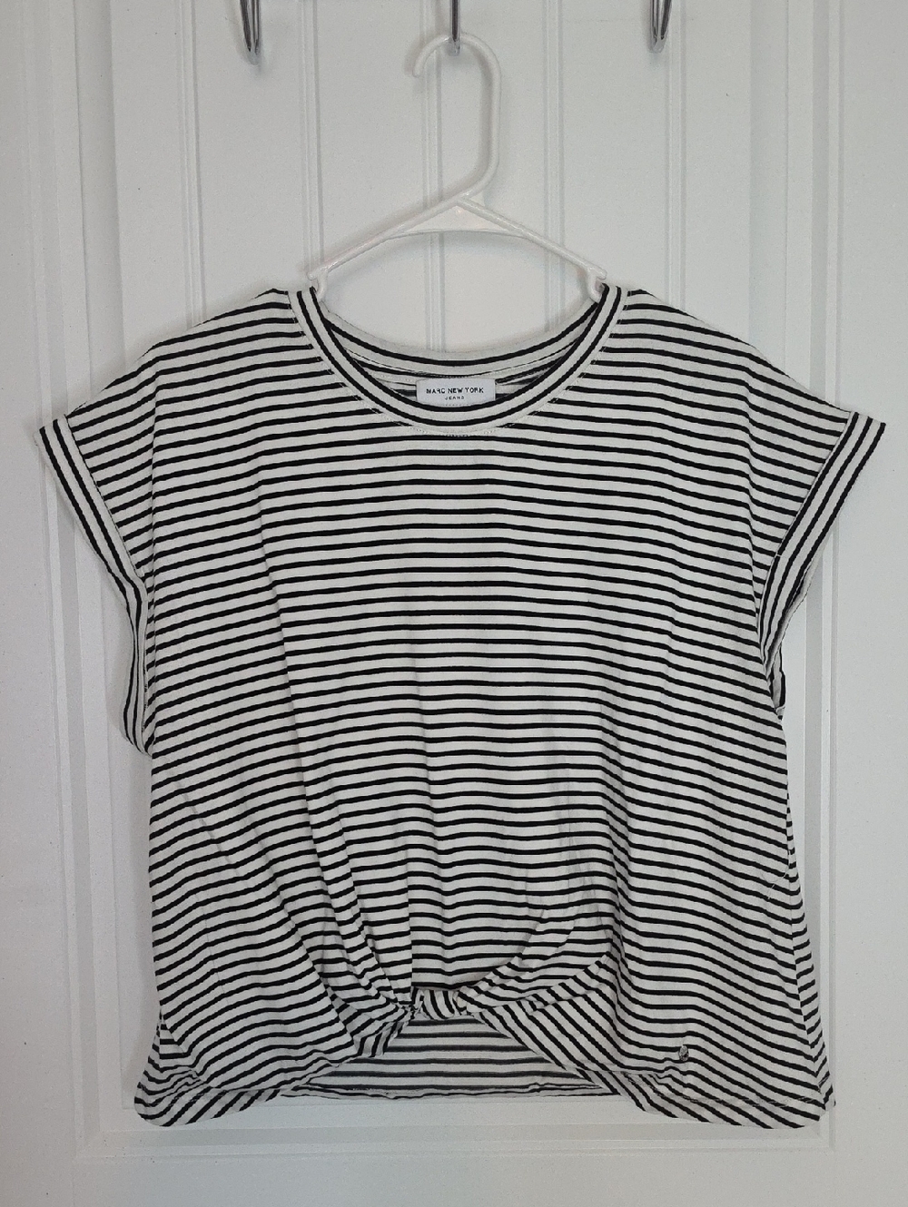 Marc New York Black and White Striped Twist-Front Short Sleeve Tee